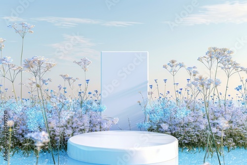 A podium surrounded by vibrant flowers, a burst of color and nature, perfect for showcasing beauty or spring-themed products.. Beautiful simple AI generated image in 4K, unique. photo