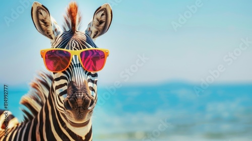 Zebra with glasses against the background of the sea on a Summer banner with copy space. Backdrop with cheerful African animal for travel companies and excursions in the savannah and text place