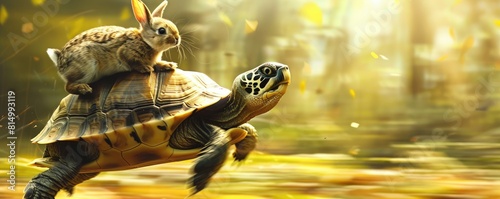 An artistic image featuring a rabbit riding on the back of a turtle, depicting the famous race fable, on a blurred green background