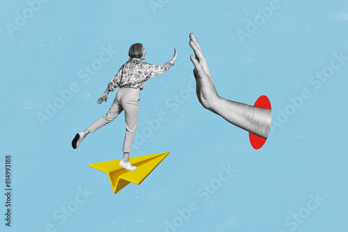 Composite photo collage of happy old woman stand paper plane give high five hand business partner greeting isolated on painted background photo