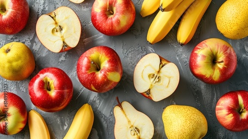 A close up of a variety of fruits including apples, bananas, pears, and peaches photo