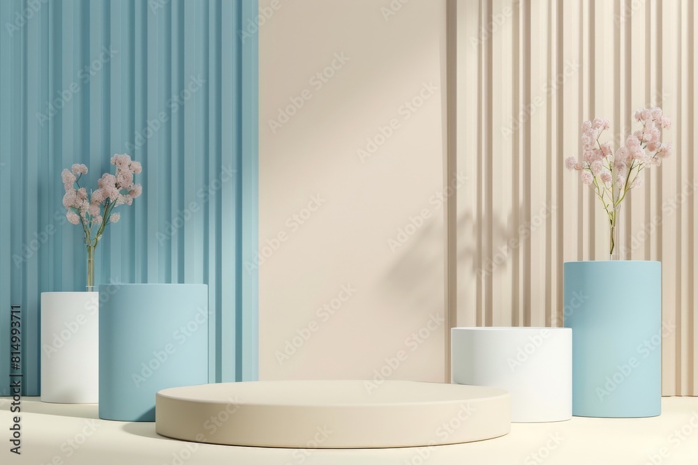 3D rendering image, empty cream podium for product placement with pink flowers and geometric shapes on pastel blue and cream color background. 3D rendering image, empty cream podium for product placement with pink flowers and geometric shapes on pastel blue and cream color background.