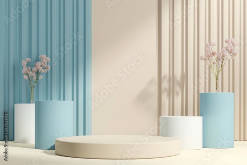 3D rendering image  empty cream podium for product placement with pink flowers and geometric shapes on pastel blue and cream color background.