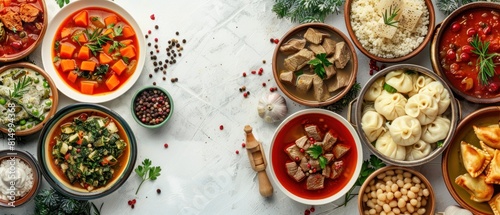 Wallpaper Mural A table with many different types of food, including soup, rice, and dumplings Torontodigital.ca
