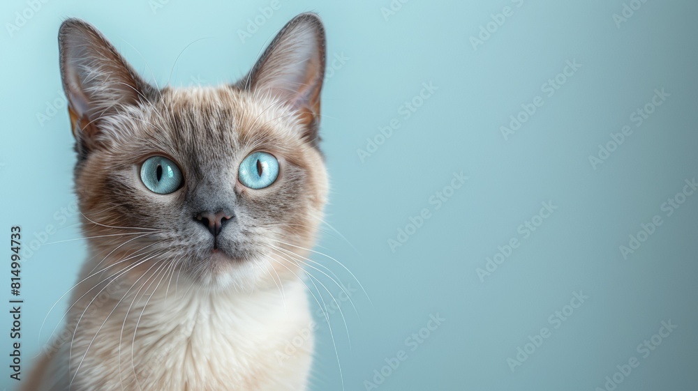The portrait shows a calmly sitting Tonkinese kitten. The eyes are captivating and expressive. The background in the image is light.