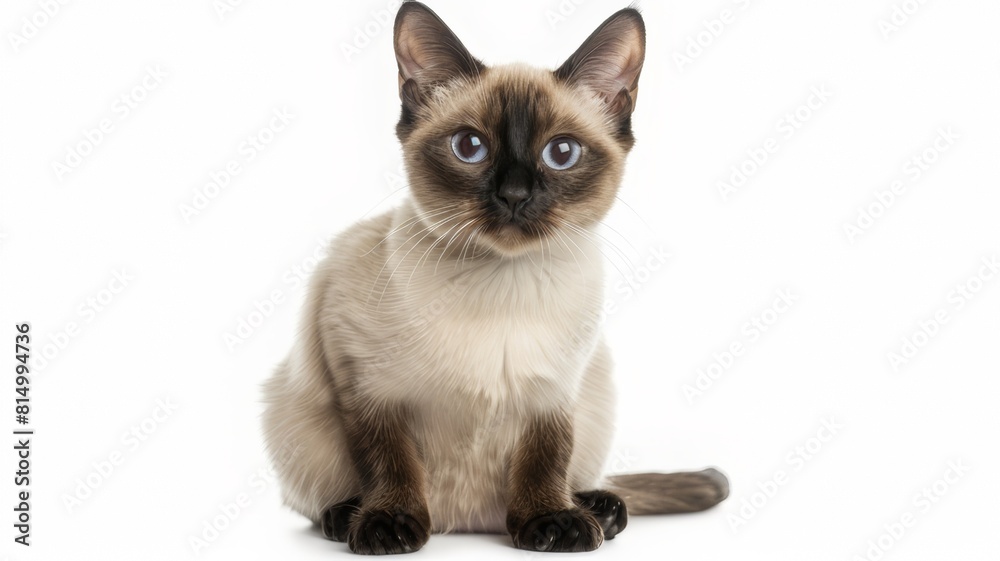 The portrait shows a calmly sitting Tonkinese kitten. The eyes are captivating and expressive. The background in the image is light.