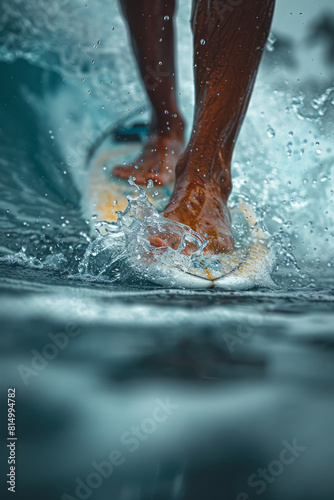 Close-up of a surferâ€™s feet firmly gripping the board while slicing through a massive wave, detailing technique and skill, © Oleksandr