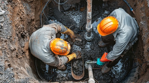 Two plumbers working together to clear a blocked outdoor drainage pipe.