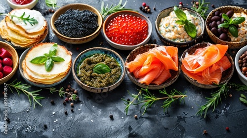 A table with many different types of food  including a variety of meats