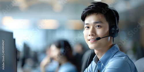 Asian male professional in call center providing excellent customer service. Concept Customer service excellence, Call center, Professionalism, Asian representation