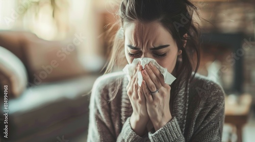 A Woman Sneezing into Tissue