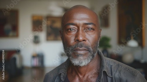 Portrait of a bearded African American man showing his expressive facial features, bald head and beard. Elements of the apartment's interior are visible in the background