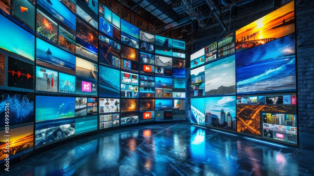 Multimedia video wall with several television screens broadcasting a variety of programs and content. Multimedia video wall with several television screens broadcasting a variety of programs and content.