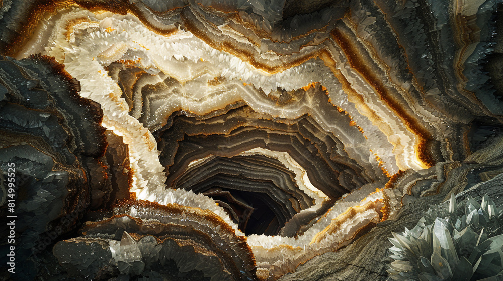 High-definition image of a crystal cave interior, where the natural formations resemble the patterns of cow skin, with stark contrasts between the dark minerals and the luminous crystal surfaces. High-definition image of a crystal cave interior, where the natural formations resemble the patterns of cow skin, with stark contrasts between the dark minerals and the luminous crystal surfaces.