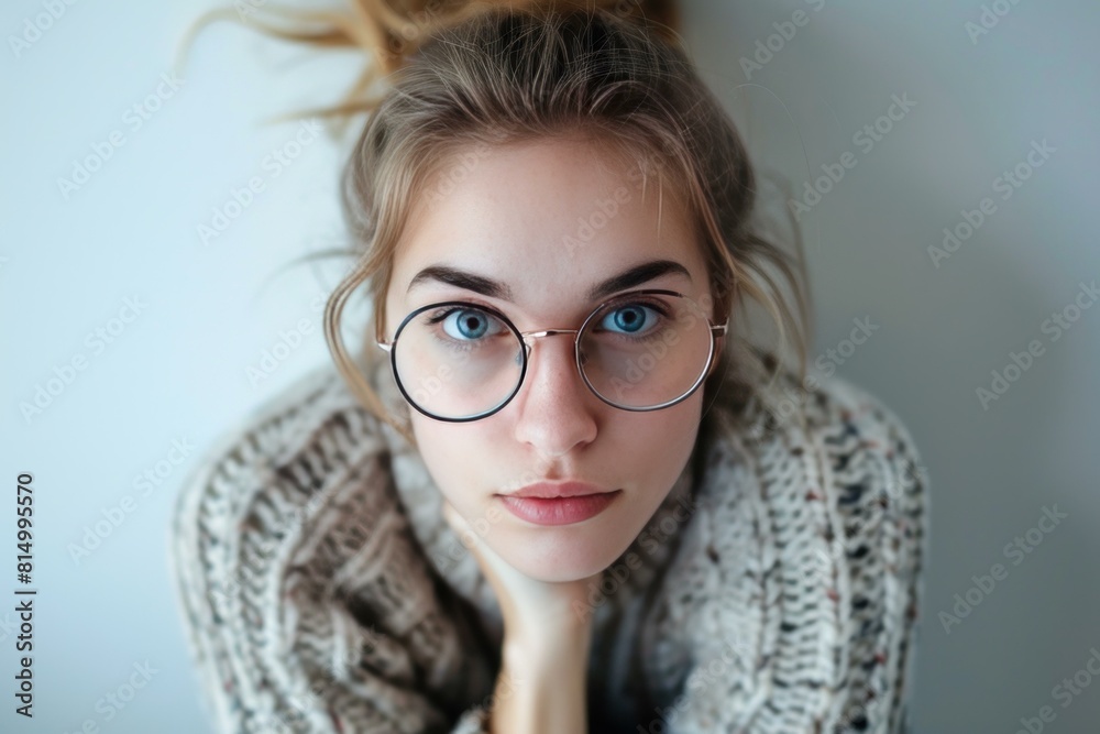 Portrait of a pensive young woman wearing round glasses, staring at the camera