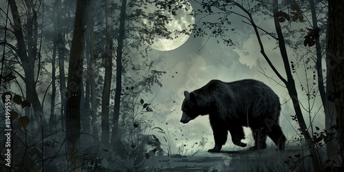 Majestic Bear Walking in a Moonlit Forest under a Full Moon, Nocturnal Wildlife.