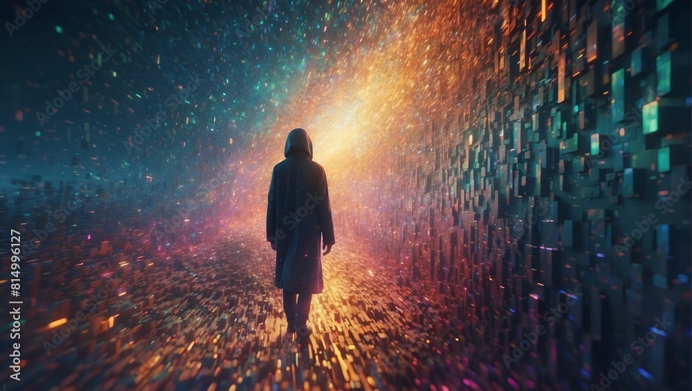 A shimmering glitched-out being, appearing as a cosmic traveler lost in time and space. This enigmatic figure is captured in a surreal, dream-like tilt-shift photograph.