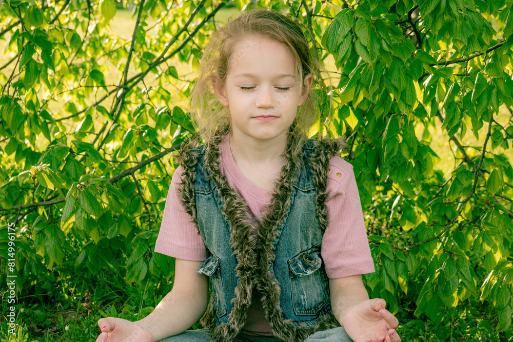 A young girl meditating in a lush green garden, sitting cross-legged under a canopy of leaves. A young girl meditating in a lush green garden, sitting cross-legged under a canopy of leaves.