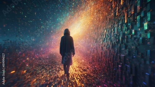 A shimmering glitched-out being, appearing as a cosmic traveler lost in time and space. This enigmatic figure is captured in a surreal, dream-like tilt-shift photograph. photo