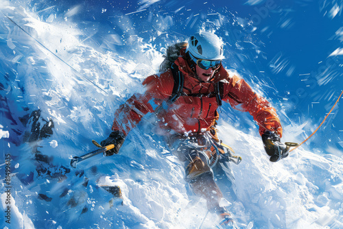 Action-packed illustration of a climber falling into a safety rope after an ice axe slips, highlighting the risks of ice climbing, photo