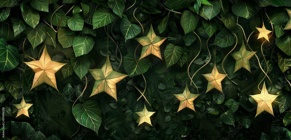 Canopy leaf stars and vine stripes decorate a rainforest Memorial Day banner. Canopy leaf stars and vine stripes decorate a rainforest Memorial Day banner.