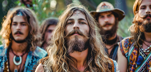 Hippie group with long-haired, bearded, whiskered boy in foreground.
