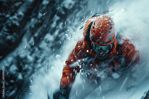 Dynamic view of a climber's rapid ascent up an ice chute, their figure blurred to emphasize speed and agility.