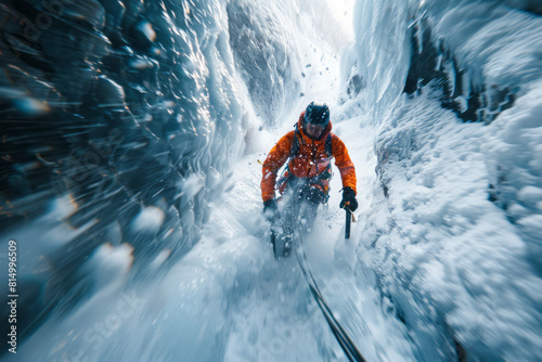Dynamic view of a climber's rapid ascent up an ice chute, their figure blurred to emphasize speed and agility. photo