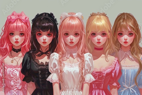 Digital artwork of five anime-style girls dressed in elaborate lolita fashion with expressive eyes photo