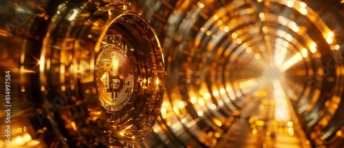 Fototapeta Naklejka Na Ścianę i Meble -  A gold coin is shown in a large, curved space