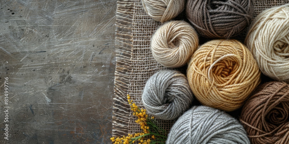 Balls of woolen yarn and mimosa on a gray background Balls of woolen yarn and mimosa on a gray background