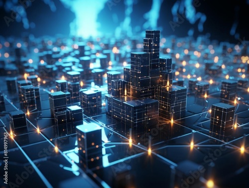 Hightech blockchain network concept with nodes and crypto coins interconnected in a 3D space