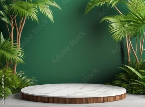 Product background  light marble pedestal and tropical plants in the background