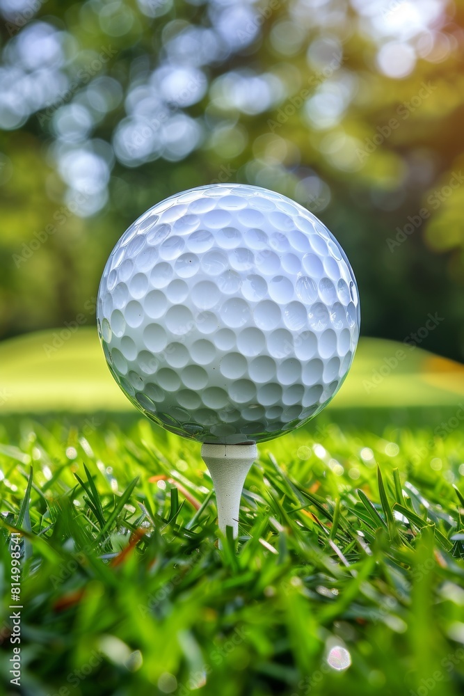 Golf ball on tee serene moment before swing in summer olympics for sports concept Golf ball on tee serene moment before swing in summer olympics for sports concept