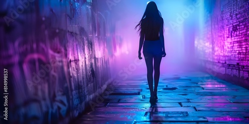 A young woman walks alone down a dark spooky corridor. Concept Fear  Women s Rights  Isolation  Mysterious Encounter  Eerie Atmosphere