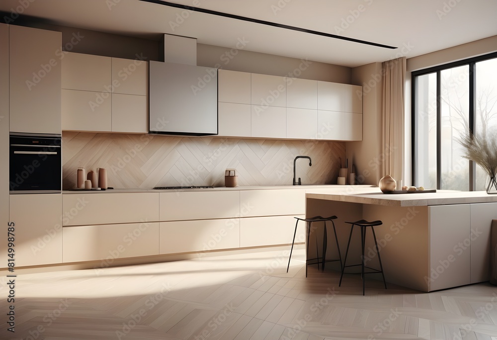 A sleek modern kitchen interior with a herringbone floor daylight coming from large windows, and beige cabinetry. 3D Rendering A sleek modern kitchen interior with a herringbone floor daylight coming from large windows, and beige cabinetry. 3D Rendering
