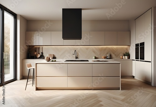 A sleek modern kitchen interior with a herringbone floor daylight coming from large windows  and beige cabinetry. 3D Rendering