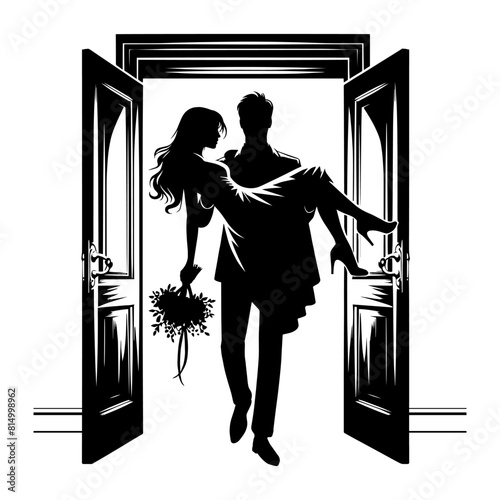 Silhouette of a husband holding his wife in his arms and stepping over the threshold of the door. Vector illustration