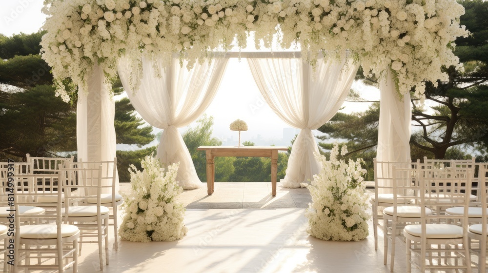 Romantic white wedding setting on the beach at sunrise warm glow Romantic white wedding setting on the beach at sunrise warm glow