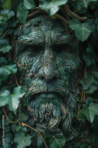 Depiction of the Green Man  a symbol of rebirth and the cycle of growth  emerging from a canopy of leaves and vines 