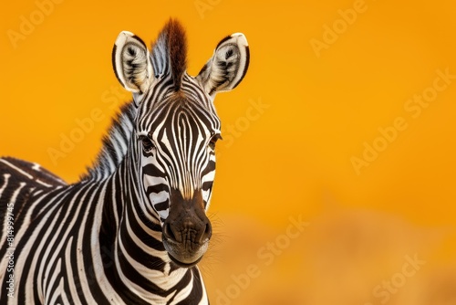 Close-up of a zebra s face with distinctive stripes against a warm  solid orange backdrop