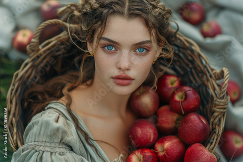 Image of Idunn, the Norse goddess of eternal youth, offering a basket of magical apples that grant health and longevity, photo