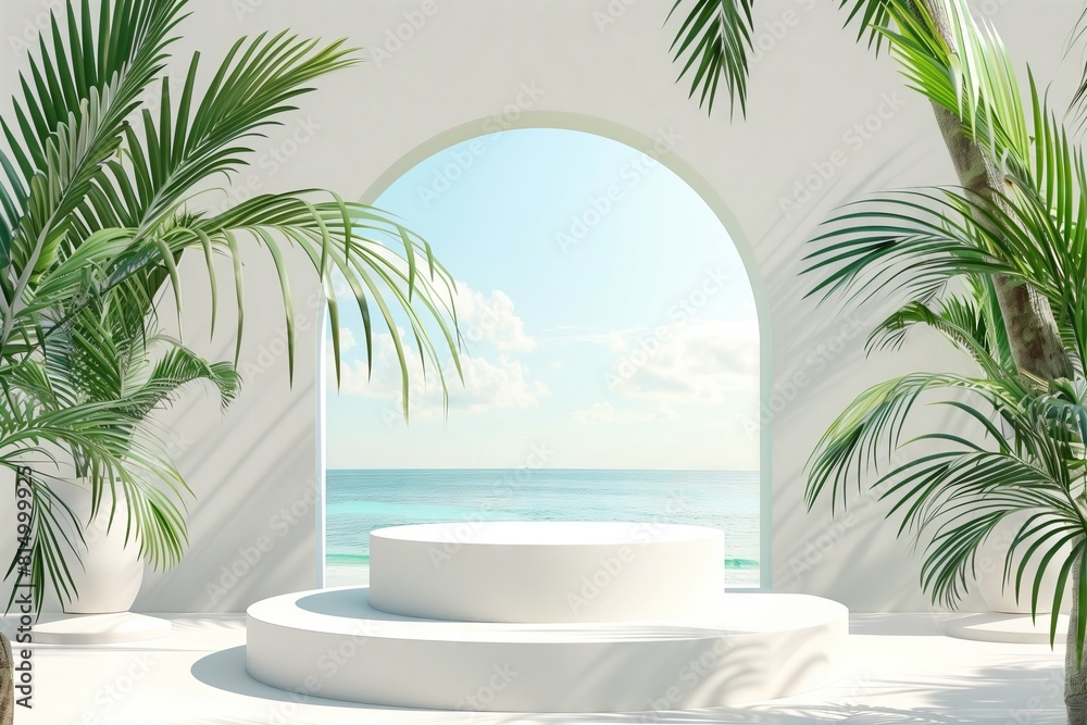 3d products display podium scene, Tropical beach with palm trees in the background 3d products display podium scene, Tropical beach with palm trees in the background
