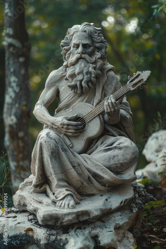 Scene of a peaceful satyr in Greek mythology, playing music in a forest grove, symbolizing harmony with nature and a plant-based diet,