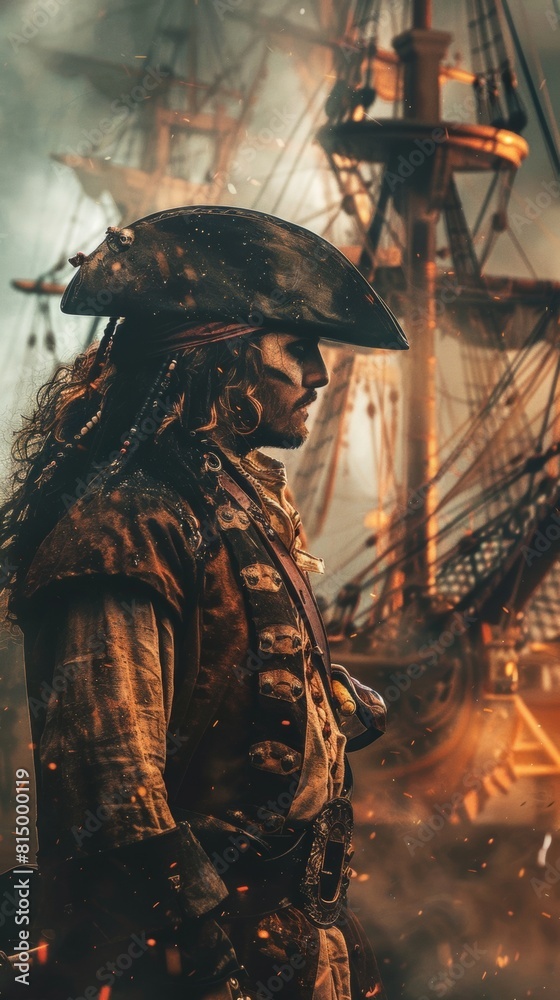 A man in a pirate costume standing in front of a ship A man in a pirate costume standing in front of a ship