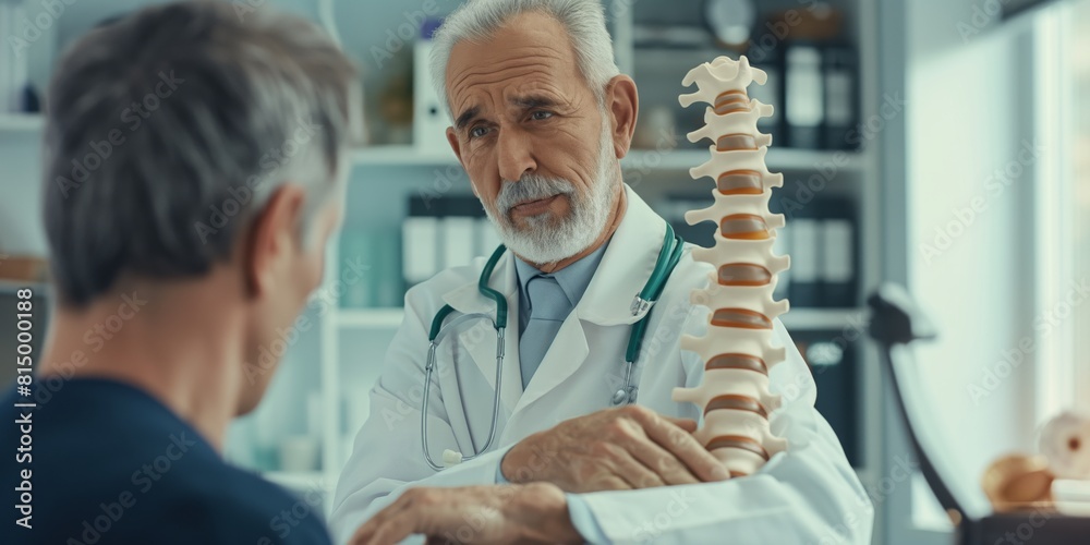 Senior doctor consults patient using a spine model, illustrating care and expertise Senior doctor consults patient using a spine model, illustrating care and expertise
