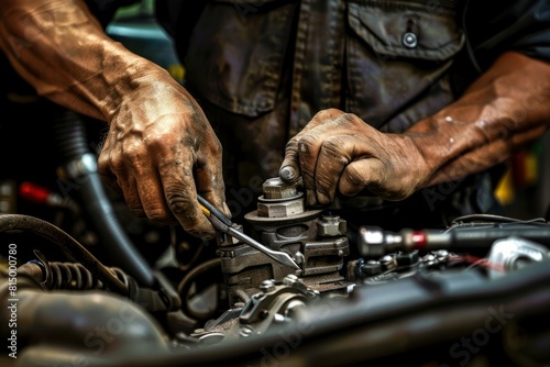Closeup of auto mechanics hands working meticulously on an engine with scattered tools on the workbench