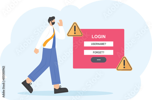 concept of forgot password and username, account protection, danger warning, wrong password. illustration of a businessman who forgets her personal data when she wants to log in. flat style. design el