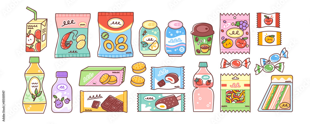 Snacks and junk food set. Vector illustration of chips, candy, sweet drinks, chocolate in cute packaging. Merchandise one can buy from a vending machine. Isolated elements on white background. Snacks and junk food set. Vector illustration of chips, candy, sweet drinks, chocolate in cute packaging. Merchandise one can buy from a vending machine. Isolated elements on white background.
