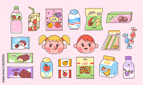 Set of snacks that children like. Vector illustration of cute kids and quick lunch options including chips, juice, banana milk, candy, soda, yogurt, chocolate and sandwiches. Trendy flat style.